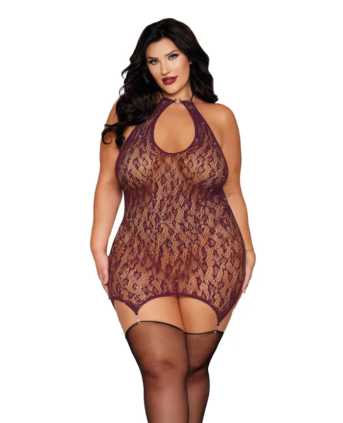 Dreamgirl International Vibrators Leopard Pattern Seamless Gartered Chemise Cherry Lacquer QN