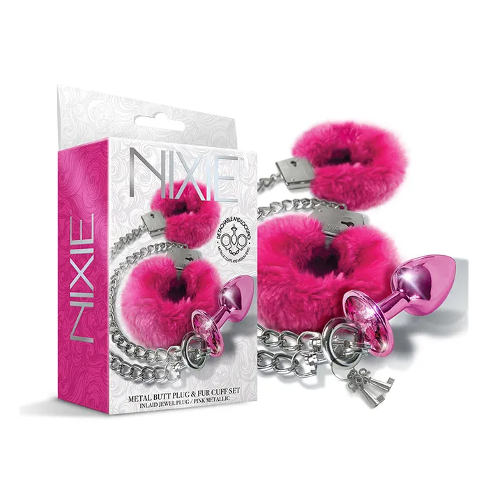 Global Novelties LLC Anal Nixie Metal Butt Plug Furry Handcuff Set Medium Pink Metallic Global Novelties LLC Anal Nixie Metal Butt Plug Furry Handcuff Set Medium Pink Metallic