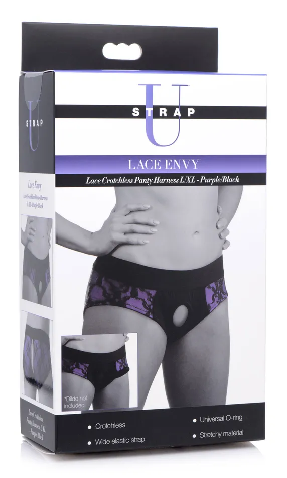 XR Brands Strap U Lace Envy Crotchless Panty Harness S M Black and Purple Vibrators XR Brands Strap U Lace Envy Crotchless Panty Harness S M Black and Purple Vibrators