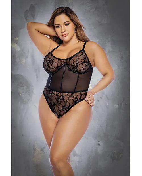 Anal Floral Lace Mesh Underwire Bodysuit wLace Up Back Black 1X2X Mapale