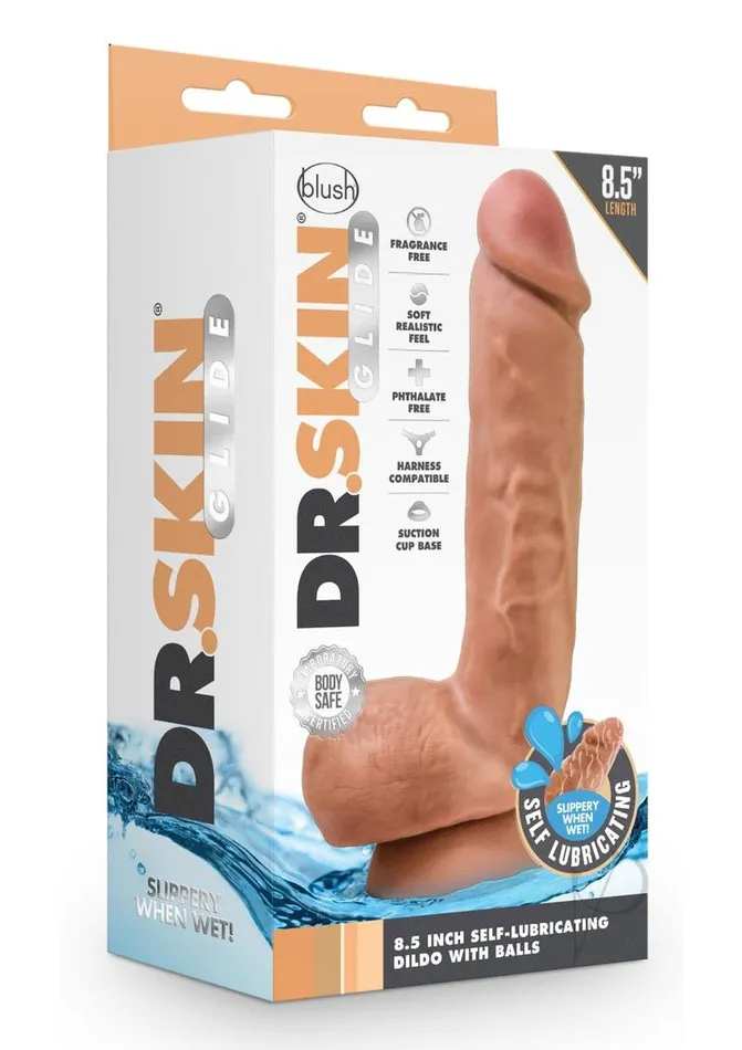 Dr Skin Dr Skin Glide Gold Collection Self Lubricating Dildo with Balls 85in Caramel Female Sex Toys Dr Skin Dr Skin Glide Gold Collection Self Lubricating Dildo with Balls 85in Caramel Female Sex Toys