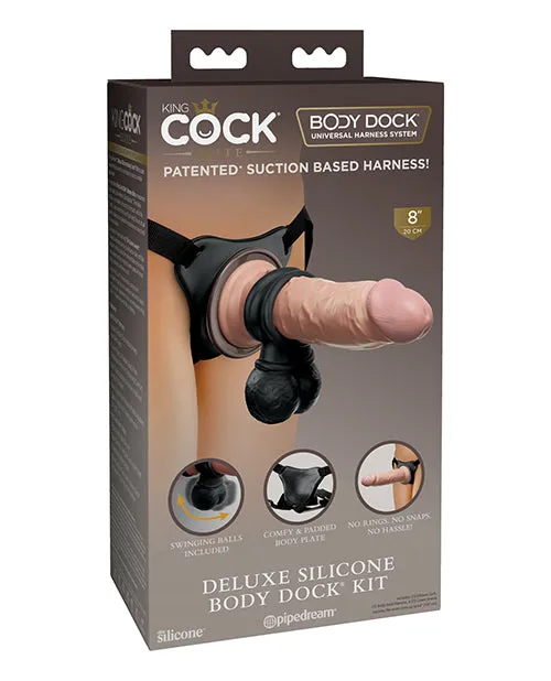 King Cock Dildos King Cock Deluxe Silicone Body Dock Strapon Kit With Swinging Crown Jewels and Dildo 8in VanillaBlack
