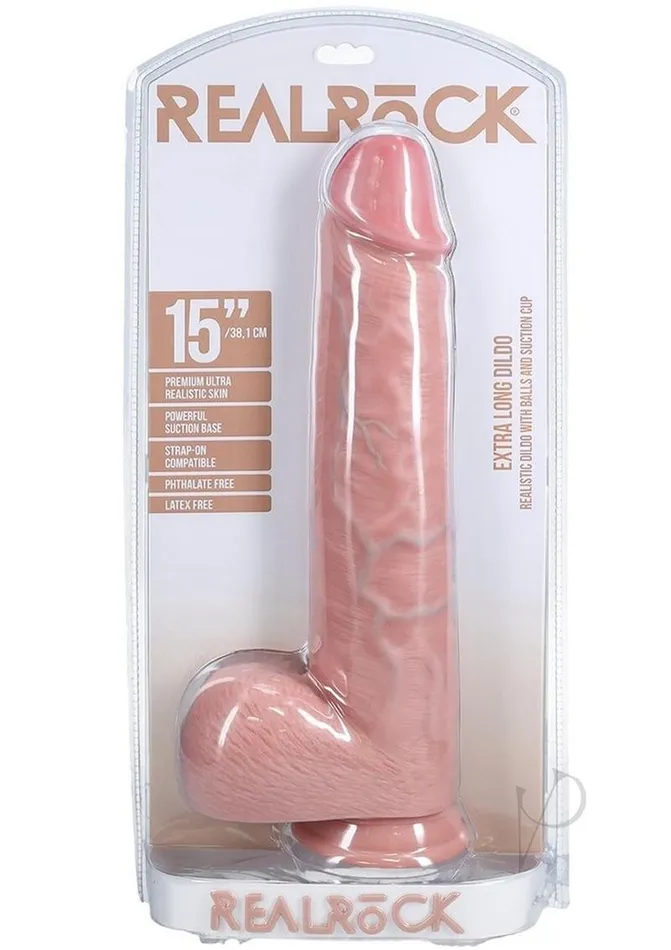 RealRock Ultra Realistic Skin Extra Large Straight Dildo with Balls and Suction Cup 15in Vanilla Real Rock Female Sex Toys RealRock Ultra Realistic Skin Extra Large Straight Dildo with Balls and Suction Cup 15in Vanilla Real Rock Female Sex Toys