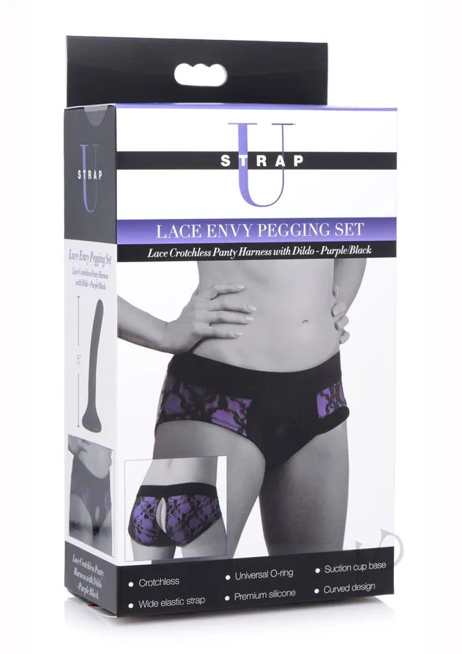 Strap U Lace Envy Pegging Set with Lace Crotchless Panty Harness and Dildo 5in LXL PurpleBlack Strap U Female Sex Toys Strap U Lace Envy Pegging Set with Lace Crotchless Panty Harness and Dildo 5in LXL PurpleBlack Strap U Female Sex Toys