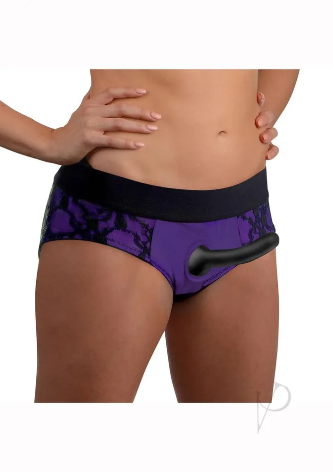 Strap U Lace Envy Pegging Set with Lace Crotchless Panty Harness and Dildo 5in LXL PurpleBlack Strap U Female Sex Toys