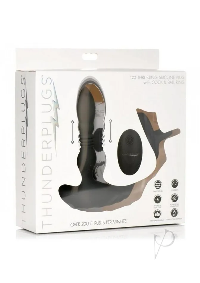 Thunder Plugs Rechargeable 10X Thrusting Silicone Vibrator with Cock and Ball Strap Black Thunder Plugs Female Sex Toys Thunder Plugs Rechargeable 10X Thrusting Silicone Vibrator with Cock and Ball Strap Black Thunder Plugs Female Sex Toys