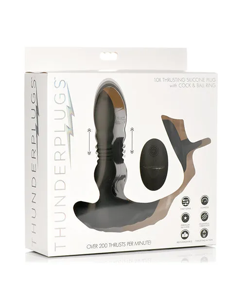 Thunder Plugs Rechargeable 10X Thrusting Silicone Vibrator with Cock and Ball Strap Black Thunder Plugs Female Sex Toys