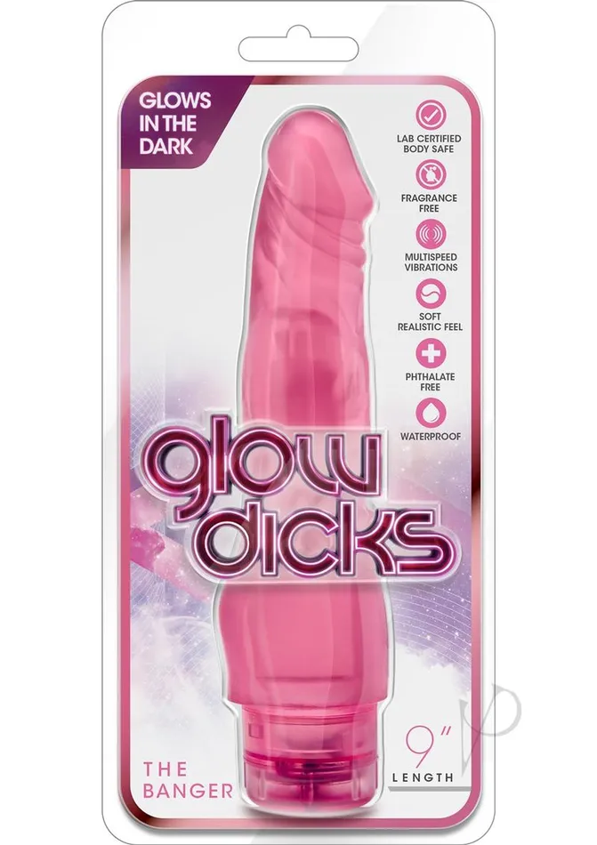 Vibrators Glow Dicks The Banger Vibrating Dildo 9in Pink Glow Dicks