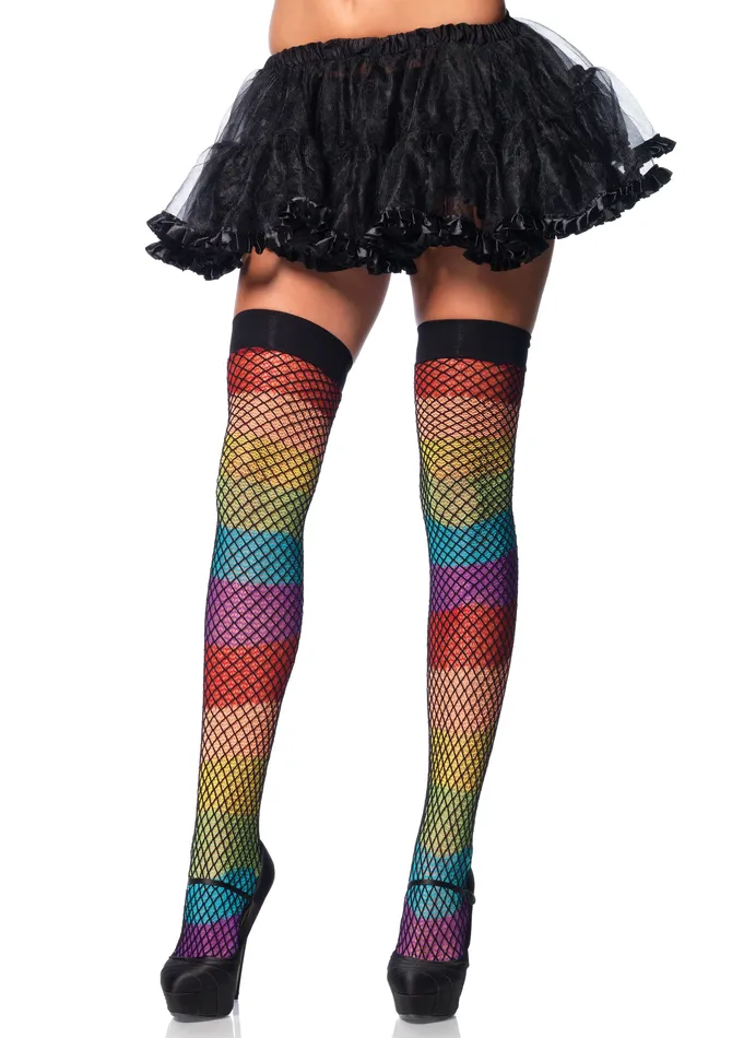 Female Sex Toys Rainbow Thigh Highs With Fishnet Overlay One Size Leg Avenue