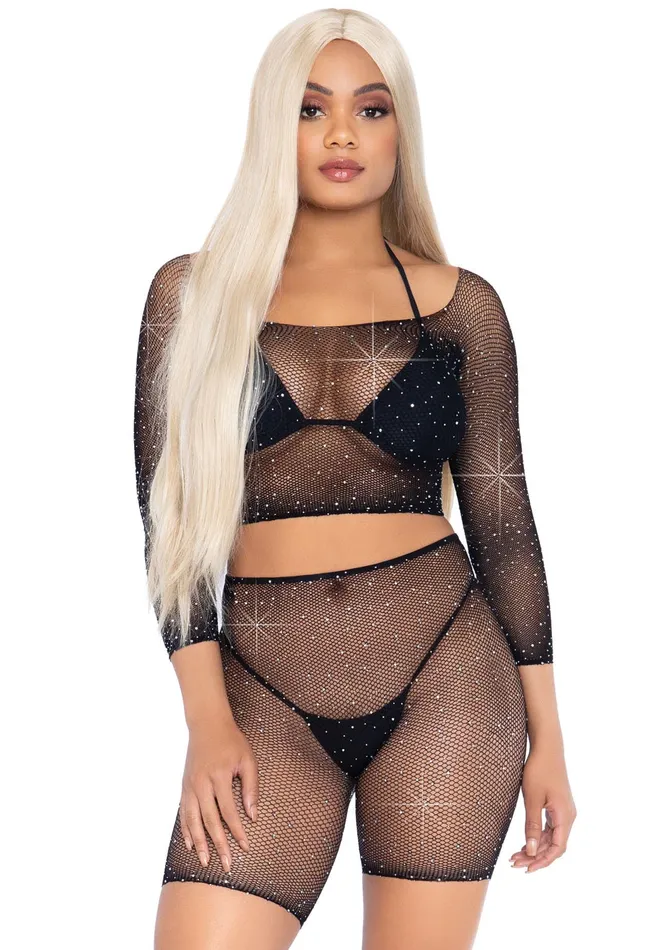 Leg Avenue Anal 2 Pc Rhinestone Fishnet Crop Top and Biker Shorts Black One Size