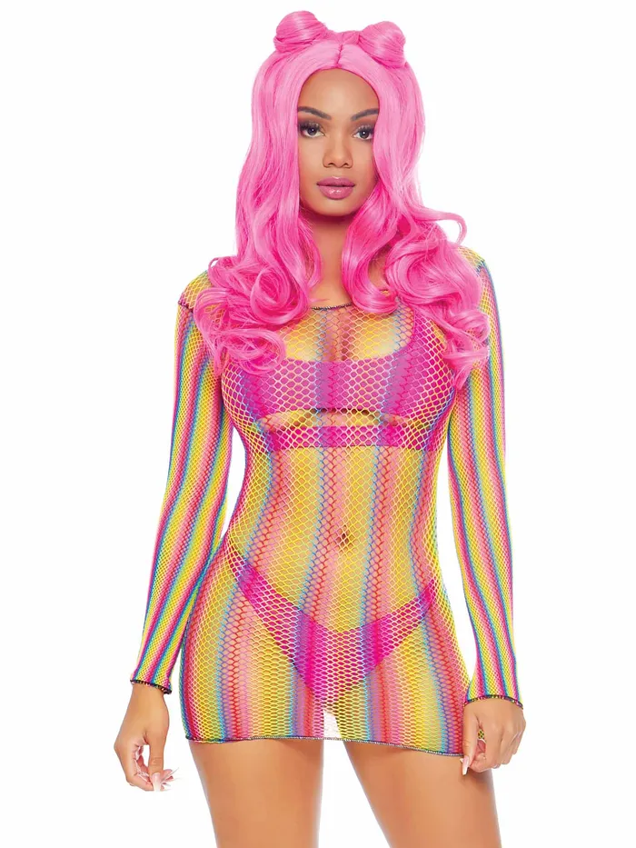 Leg Avenue Female Sex Toys Rainbow Fishnet Long Sleeved Mini Dress One Size Rainbow