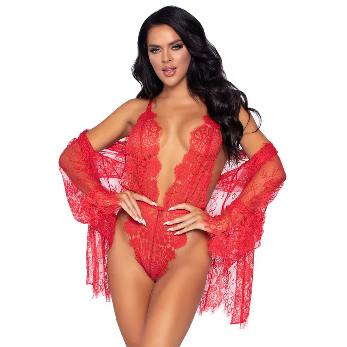 Leg Avenue Lingerie Leg Avenue Floral Lace Teddy and Robe Red Vibrators