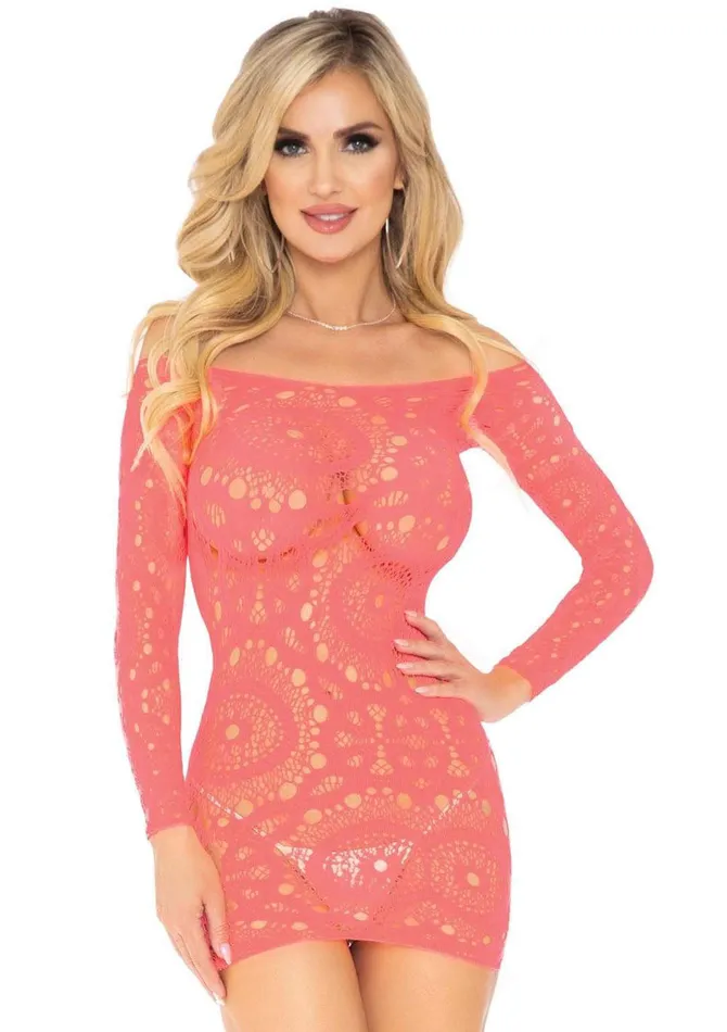 Leg Avenue Male Sex Toys Crochet Lace Long Sleeve Mini Dress Coral One Size Leg Avenue Male Sex Toys Crochet Lace Long Sleeve Mini Dress Coral One Size