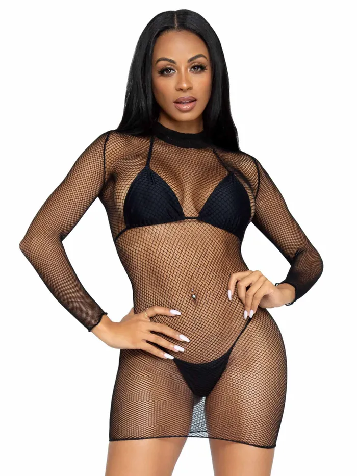 Leg Avenue Male Sex Toys Ultra Net Long Sleeve High Neck Mini Dress One Size Black