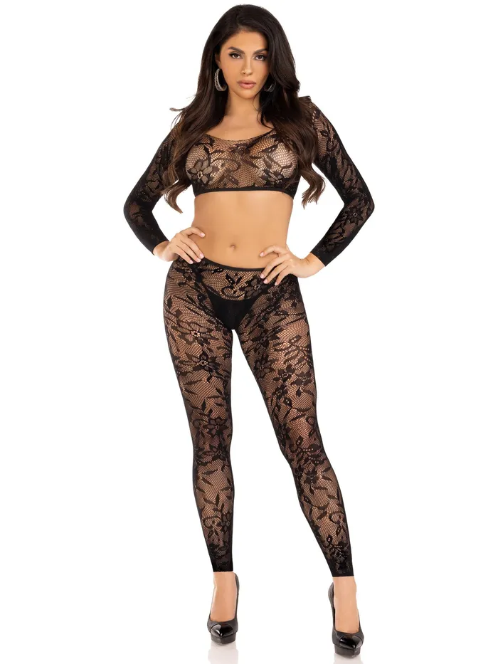 Leg Avenue Teddies And Bodies 2 Pc Lace Crop Top and Footless Tights One Size Black Leg Avenue Teddies And Bodies 2 Pc Lace Crop Top and Footless Tights One Size Black