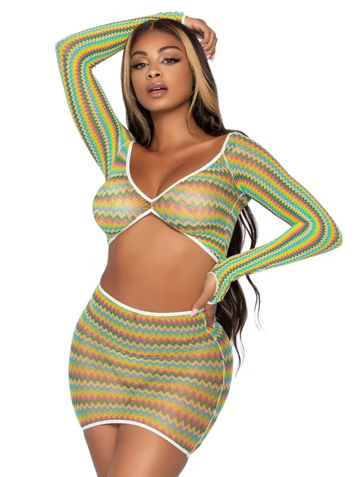 Leg Avenue Vibrators 2 Pc Zig Zag Net Crop Top and Mini Dress One Size Green