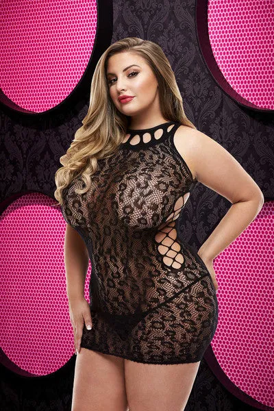 Leopard Lace Mini Dress LC59 Black OS Plus Lapdance Lingerie Anal