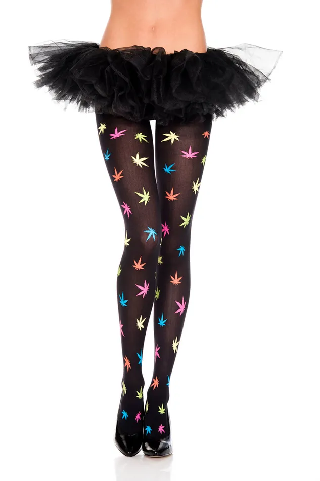 Music Legs Multicolor Leaf Print Pantyhose One Size Teddies And Bodies