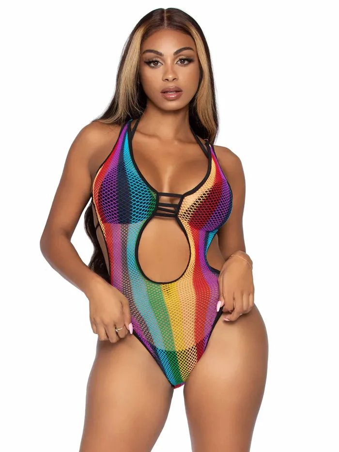 Rainbow Fishnet Cut Out Bodysuit With Strappy Bikini Back One Size Multicolor Leg Avenue Teddies And Bodies