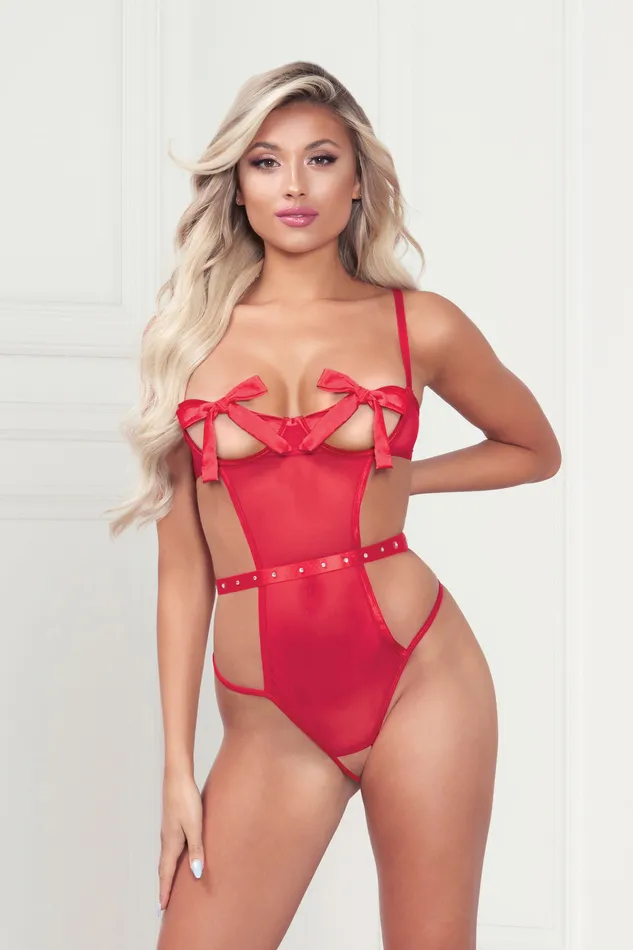 Teddies And Bodies Seven Til Midnight Mesh Teddy With Underwire Satin Ribbon Bows Rhinestone Belt Hook and Eye Back Closure and Open Thong One Size Red Teddies And Bodies Seven Til Midnight Mesh Teddy With Underwire Satin Ribbon Bows Rhinestone Belt Hook and Eye Back Closure and Open Thong One Size Red